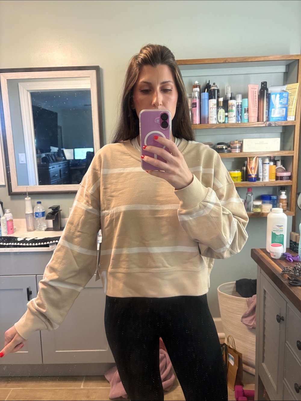 lululemon athletica Beige and White Striped Crew Sweatshirt